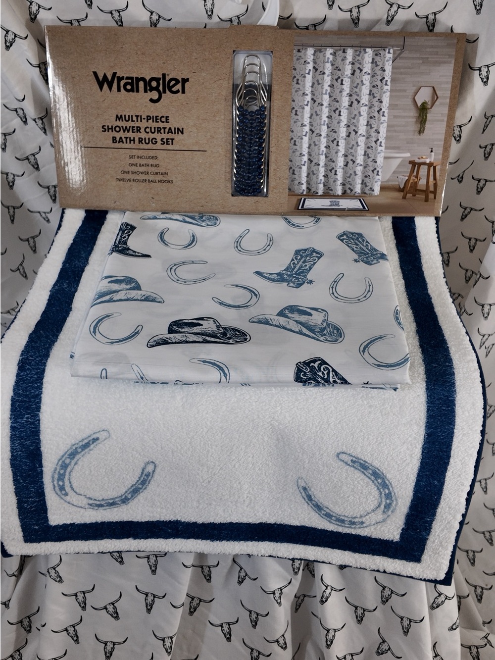 Wrangler Blue and White Western Shower Curtain Bath Rug Set
